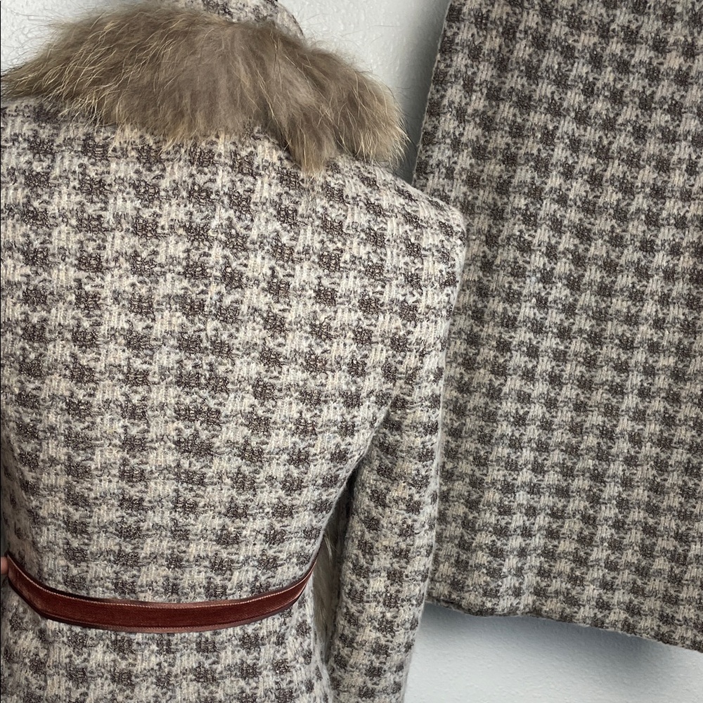 ST. JOHN fox fur Houndstooth knit wool Skirt suit set jacket silk lined - Picture 7 of 17